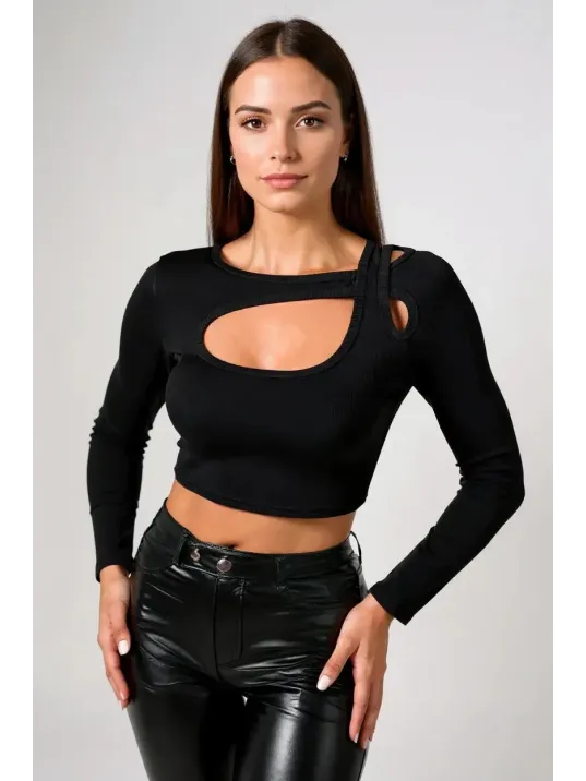 Kadın Siyah Göğüs Dekolteli Çapraz Askılı Uzun Kollu Crop Top Bluz – Şık, Rahat Ve Kolay Kombinlenebilir