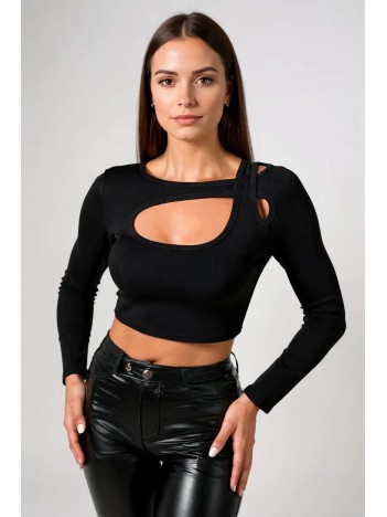 Kadın Siyah Göğüs Dekolteli Çapraz Askılı Uzun Kollu Crop Top Bluz – Şık, Rahat Ve Kolay Kombinlenebilir