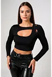 Kadın Siyah Göğüs Dekolteli Çapraz Askılı Uzun Kollu Crop Top Bluz – Şık, Rahat Ve Kolay Kombinlenebilir