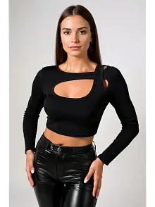 Kadın Siyah Göğüs Dekolteli Çapraz Askılı Uzun Kollu Crop Top Bluz – Şık, Rahat Ve Kolay Kombinlenebilir
