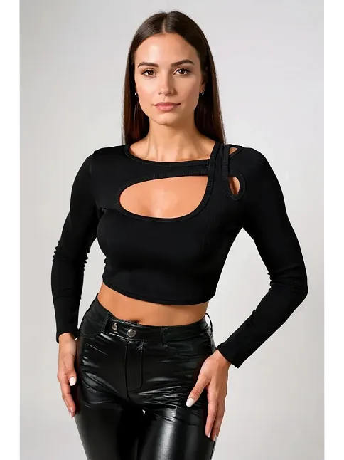 Kadın Siyah Göğüs Dekolteli Çapraz Askılı Uzun Kollu Crop Top Bluz – Şık, Rahat Ve Kolay Kombinlenebilir