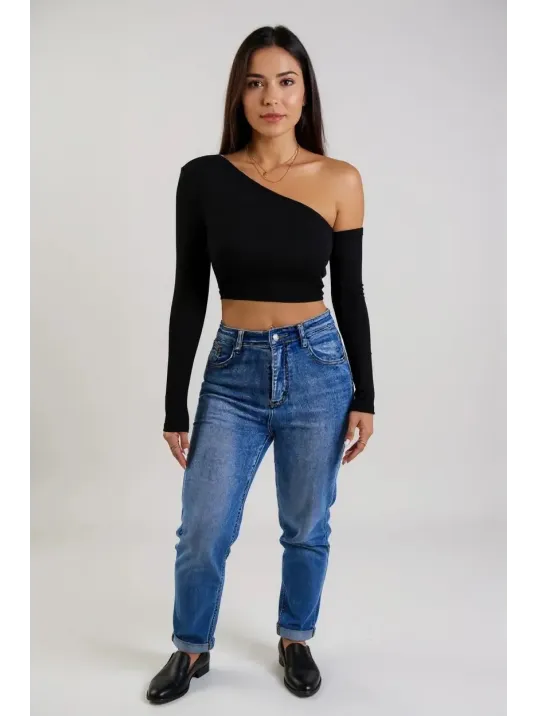 Kadın Siyah Tek Omuz Detaylı Uzun Kol Crop Top Bluz – Şık, Rahat Ve Kolay Kombinlenebilir