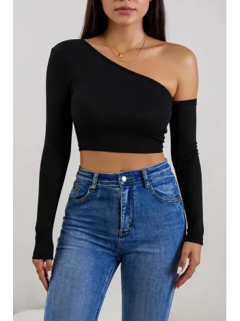 Kadın Siyah Tek Omuz Detaylı Uzun Kol Crop Top Bluz – Şık, Rahat Ve Kolay Kombinlenebilir Kadın Siyah Tek Omuz Detaylı Uzun Kol Crop Top Bluz – Şık, Rahat Ve Kolay Kombinlenebilir