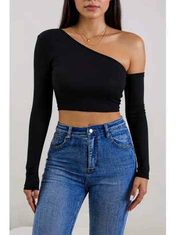 Kadın Siyah Tek Omuz Detaylı Uzun Kol Crop Top Bluz – Şık, Rahat ve Kolay Kombinlenebilir