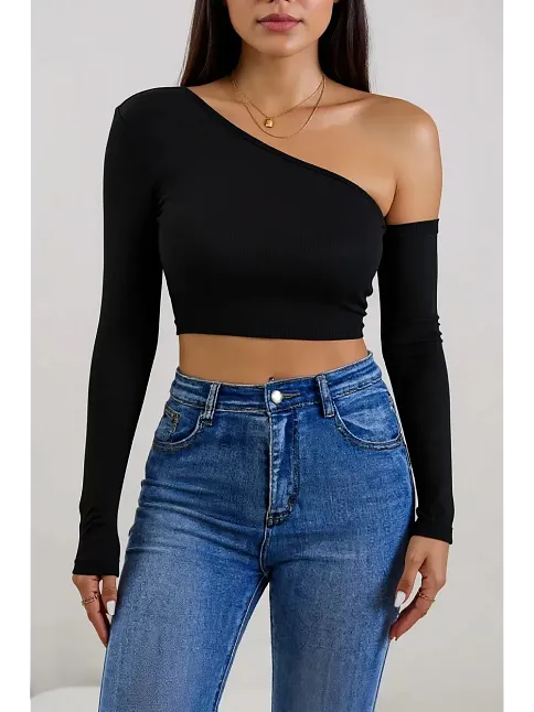 Kadın Siyah Tek Omuz Detaylı Uzun Kol Crop Top Bluz – Şık, Rahat Ve Kolay Kombinlenebilir