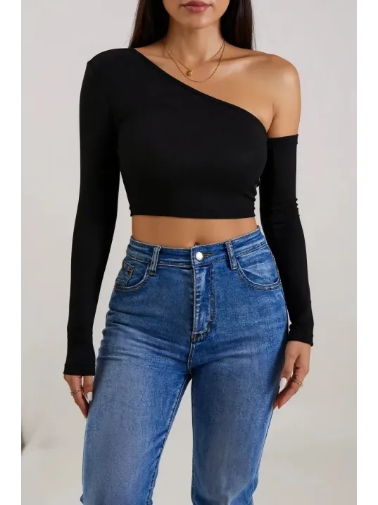 Kadın Siyah Tek Omuz Detaylı Uzun Kol Crop Top Bluz – Şık, Rahat Ve Kolay Kombinlenebilir