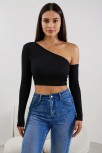 Kadın Siyah Tek Omuz Detaylı Uzun Kol Crop Top Bluz – Şık, Rahat Ve Kolay Kombinlenebilir Kadın Siyah Tek Omuz Detaylı Uzun Kol Crop Top Bluz – Şık, Rahat Ve Kolay Kombinlenebilir