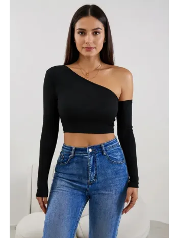 Kadın Siyah Tek Omuz Detaylı Uzun Kol Crop Top Bluz – Şık, Rahat Ve Kolay Kombinlenebilir