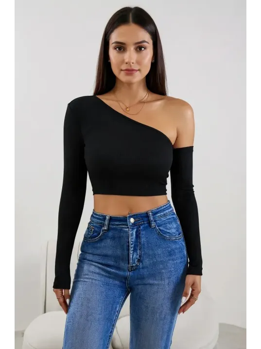 Kadın Siyah Tek Omuz Detaylı Uzun Kol Crop Top Bluz – Şık, Rahat Ve Kolay Kombinlenebilir Kadın Siyah Tek Omuz Detaylı Uzun Kol Crop Top Bluz – Şık, Rahat Ve Kolay Kombinlenebilir