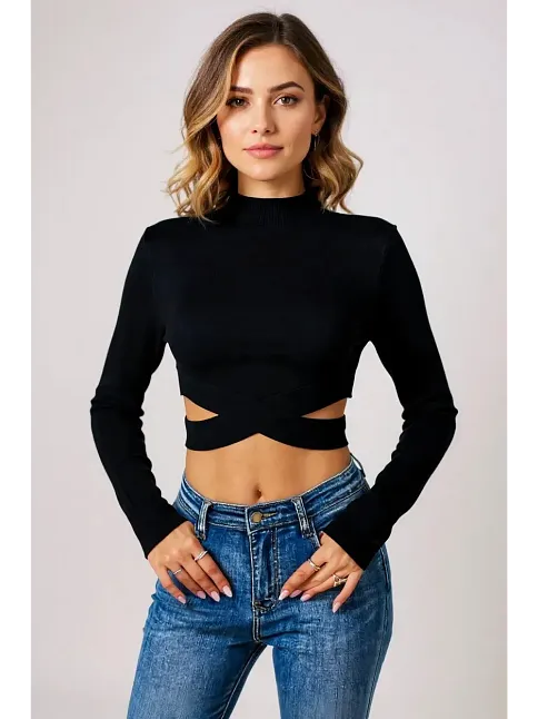 Kadın Siyah Çapraz Bel Detaylı Dik Yaka Uzun Kol Crop Top Bluz – Şık, Rahat Ve Kolay Kombinlenebilir
