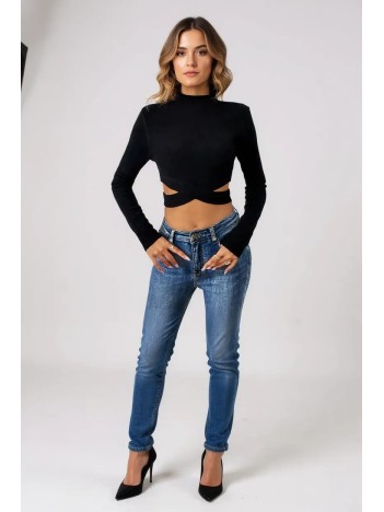Kadın Siyah Çapraz Bel Detaylı Dik Yaka Uzun Kol Crop Top Bluz – Şık, Rahat ve Kolay Kombinlenebilir