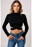 Kadın Siyah Çapraz Bel Detaylı Dik Yaka Uzun Kol Crop Top Bluz – Şık, Rahat Ve Kolay Kombinlenebilir