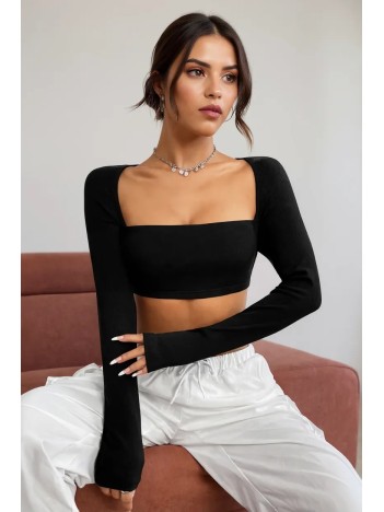 Kadın Siyah Uzun Kol Göğüs Ve Sırt Dekolteli Crop Top Bluz – Şık, Rahat Ve Kolay Kombinlenebilir