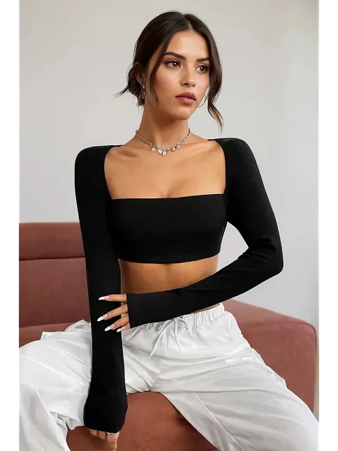 Kadın Siyah Uzun Kol Göğüs Ve Sırt Dekolteli Crop Top Bluz – Şık, Rahat Ve Kolay Kombinlenebilir