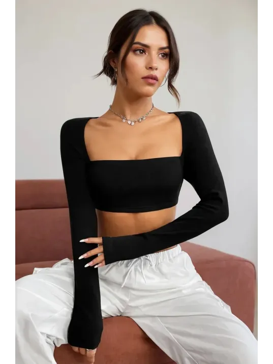 Kadın Siyah Uzun Kol Göğüs Ve Sırt Dekolteli Crop Top Bluz – Şık, Rahat Ve Kolay Kombinlenebilir