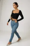 Kadın Siyah Uzun Kol Göğüs Dekolteli Şık Crop Top Bluz – Şık, Rahat Ve Kolay Kombinlenebilir