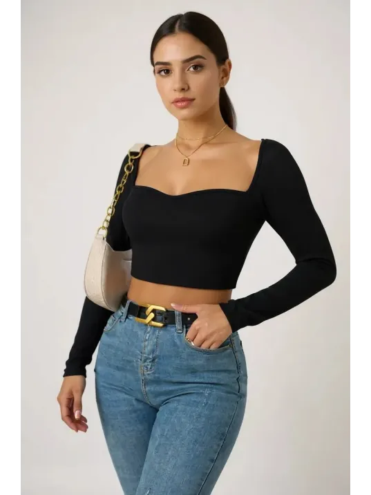 Kadın Siyah Uzun Kol Göğüs Dekolteli Şık Crop Top Bluz – Şık, Rahat Ve Kolay Kombinlenebilir