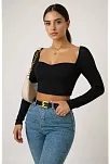 Kadın Siyah Uzun Kol Göğüs Dekolteli Şık Crop Top Bluz – Şık, Rahat Ve Kolay Kombinlenebilir