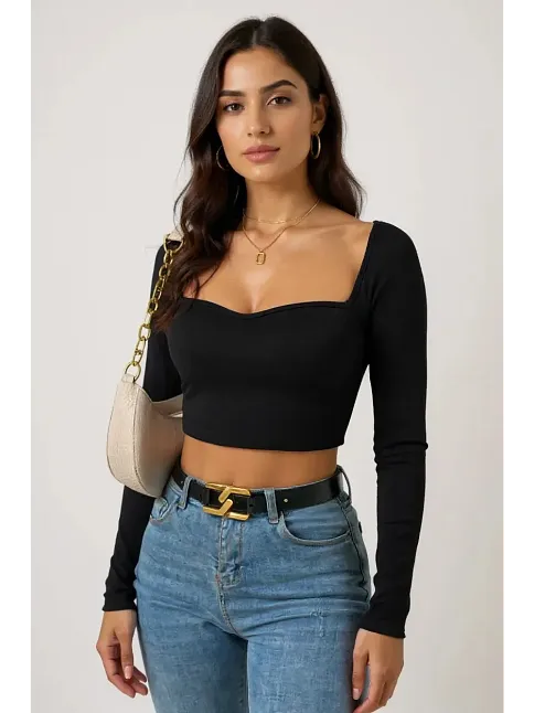 Kadın Siyah Uzun Kol Göğüs Dekolteli Şık Crop Top Bluz – Şık, Rahat Ve Kolay Kombinlenebilir