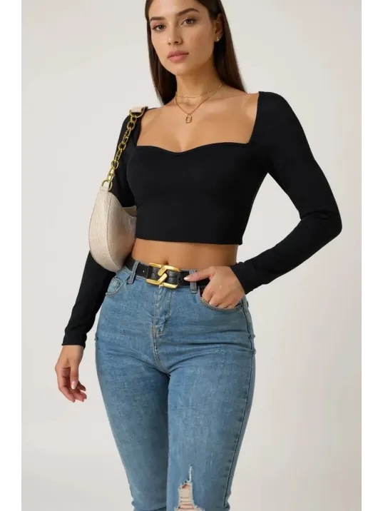 Kadın Siyah Uzun Kol Göğüs Dekolteli Şık Crop Top Bluz – Şık, Rahat Ve Kolay Kombinlenebilir