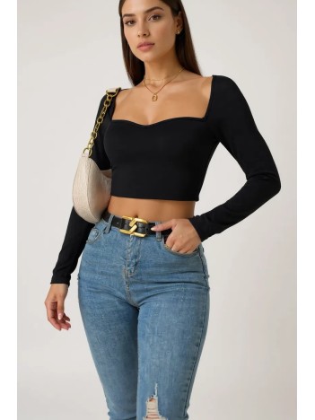 Kadın Siyah Uzun Kol Göğüs Dekolteli Şık Crop Top Bluz – Şık, Rahat Ve Kolay Kombinlenebilir