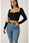 Kadın Siyah Uzun Kol Göğüs Dekolteli Şık Crop Top Bluz – Şık, Rahat Ve Kolay Kombinlenebilir