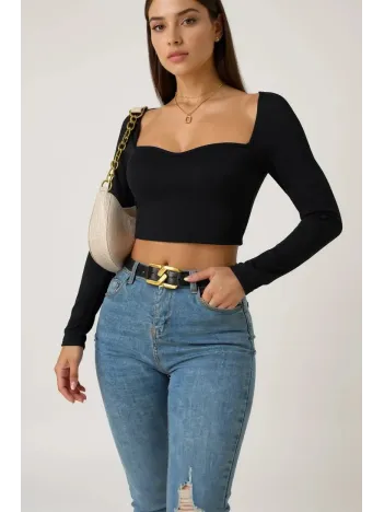 Kadın Siyah Uzun Kol Göğüs Dekolteli Şık Crop Top Bluz – Şık, Rahat Ve Kolay Kombinlenebilir