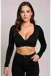 Kadın Siyah Uzun Kol Göğüs Ve Göbek Dekolteli Fermuarlı Crop Top Bluz – Şık, Rahat Ve Kolay Kombinlenebilir