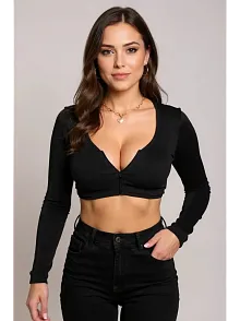 Kadın Siyah Uzun Kol Göğüs Ve Göbek Dekolteli Fermuarlı Crop Top Bluz – Şık, Rahat Ve Kolay Kombinlenebilir