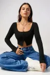 Kadın Siyah Uzun Kollu Agraflı Göğüs Ve Göbek Dekolteli Crop Top Bluz – Şık, Rahat Ve Kolay Kombinlenebilir Kadın Siyah Uzun Kollu Agraflı Göğüs Ve Göbek Dekolteli Crop Top Bluz – Şık, Rahat Ve Kolay Kombinlenebilir
