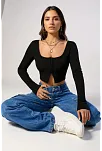 Kadın Siyah Uzun Kollu Agraflı Göğüs Ve Göbek Dekolteli Crop Top Bluz – Şık, Rahat Ve Kolay Kombinlenebilir