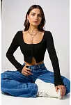 Kadın Siyah Uzun Kollu Agraflı Göğüs Ve Göbek Dekolteli Crop Top Bluz – Şık, Rahat Ve Kolay Kombinlenebilir