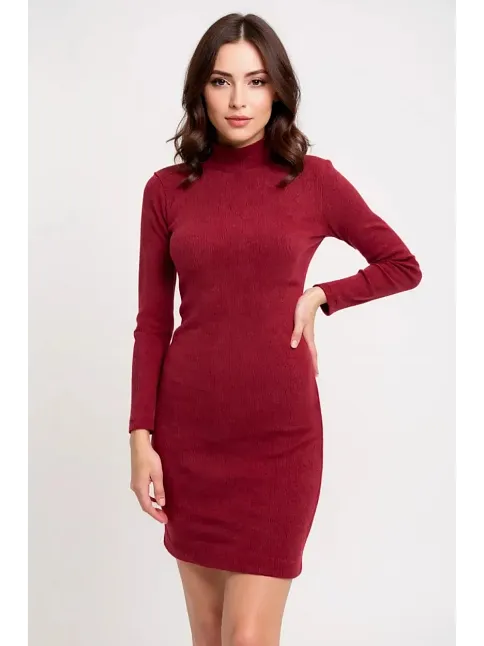 Kadın Bordo Kaşkorse Balıkçı Yaka Uzun Kollu Bodycon Mini Elbise – Şık, Rahat Ve 4 Mevsim