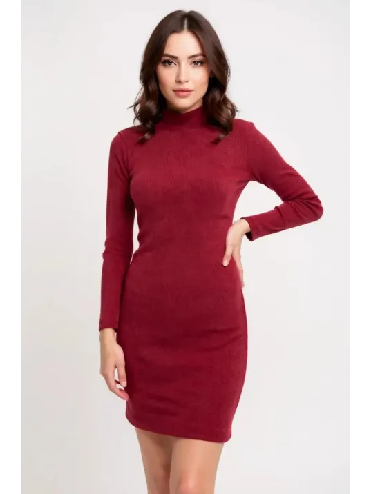 Kadın Bordo Kaşkorse Balıkçı Yaka Uzun Kollu Bodycon Mini Elbise – Şık, Rahat Ve 4 Mevsim