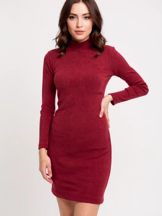Kadın Bordo Kaşkorse Balıkçı Yaka Uzun Kollu Bodycon Mini Elbise – Şık, Rahat ve 4 Mevsim