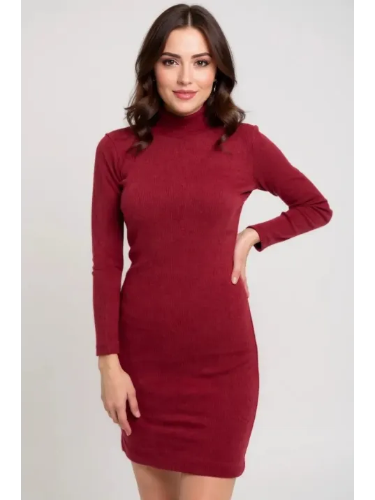Kadın Bordo Kaşkorse Balıkçı Yaka Uzun Kollu Bodycon Mini Elbise – Şık, Rahat Ve 4 Mevsim