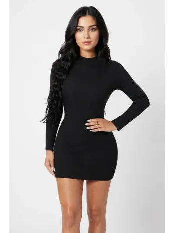 Kadın Siyah Kaşkorse Balıkçı Yaka Uzun Kollu Bodycon Mini Elbise