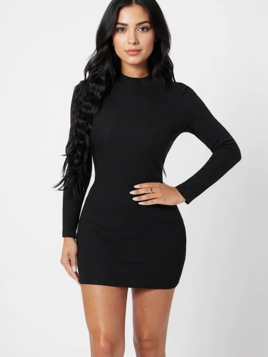 Kadın Siyah Kaşkorse Balıkçı Yaka Uzun Kollu Bodycon Mini Elbise Kadın Siyah Kaşkorse Balıkçı Yaka Uzun Kollu Bodycon Mini Elbise
