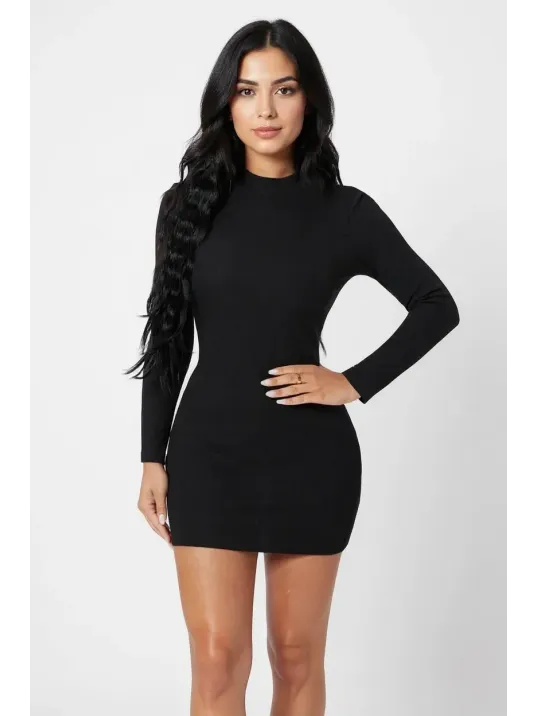 Kadın Siyah Kaşkorse Balıkçı Yaka Uzun Kollu Bodycon Mini Elbise