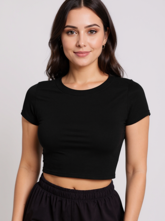 Kadın Siyah Yuvarlak Yaka Yarım Kol Crop Top Bluz – Şık, Rahat Ve Kolay Kombinlenebilir
