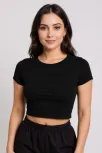 Kadın Siyah Yuvarlak Yaka Yarım Kol Crop Top Bluz – Şık, Rahat Ve Kolay Kombinlenebilir