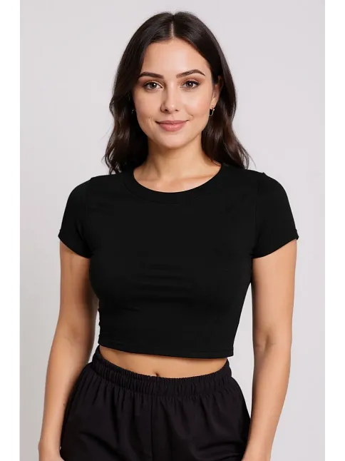 Kadın Siyah Yuvarlak Yaka Yarım Kol Crop Top Bluz – Şık, Rahat Ve Kolay Kombinlenebilir