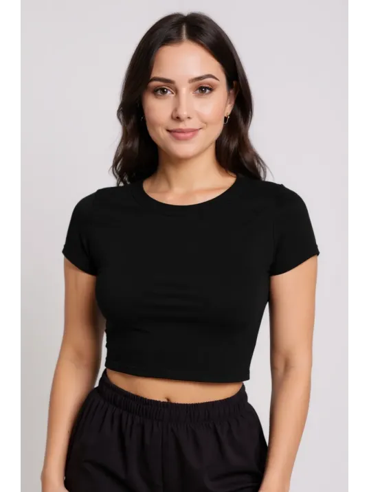 Kadın Siyah Yuvarlak Yaka Yarım Kol Crop Top Bluz – Şık, Rahat Ve Kolay Kombinlenebilir