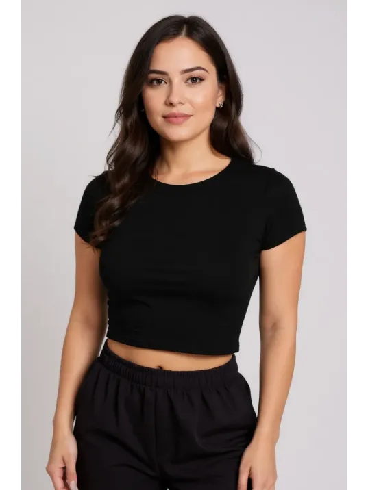 Kadın Siyah Yuvarlak Yaka Yarım Kol Crop Top Bluz – Şık, Rahat Ve Kolay Kombinlenebilir