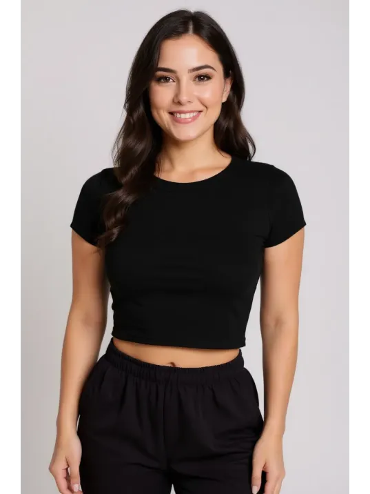 Kadın Siyah Yuvarlak Yaka Yarım Kol Crop Top Bluz – Şık, Rahat Ve Kolay Kombinlenebilir