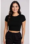 Kadın Siyah Yuvarlak Yaka Yarım Kol Crop Top Bluz – Şık, Rahat Ve Kolay Kombinlenebilir