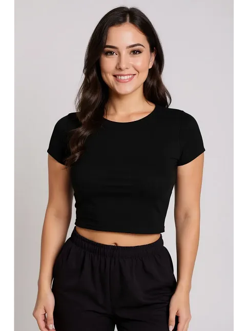 Kadın Siyah Yuvarlak Yaka Yarım Kol Crop Top Bluz – Şık, Rahat Ve Kolay Kombinlenebilir