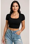 Kadın Siyah Yarım Kol Düz Yaka Crop Top Bluz – Şık, Rahat Ve Kolay Kombinlenebilir