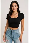 Kadın Siyah Yarım Kol Düz Yaka Crop Top Bluz – Şık, Rahat Ve Kolay Kombinlenebilir