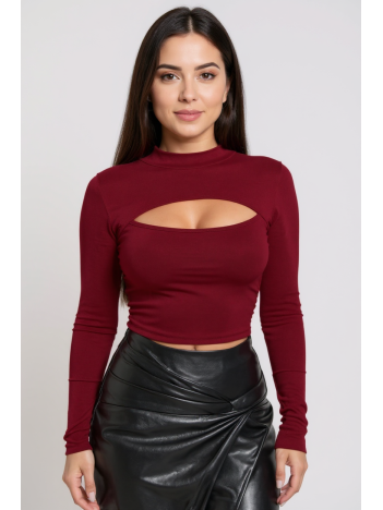 Kadın Bordo Göğüs Dekolteli Uzun Kollu Cut Out Crop Top Bluz – Şık, Rahat Ve Kolay Kombinlenebilir